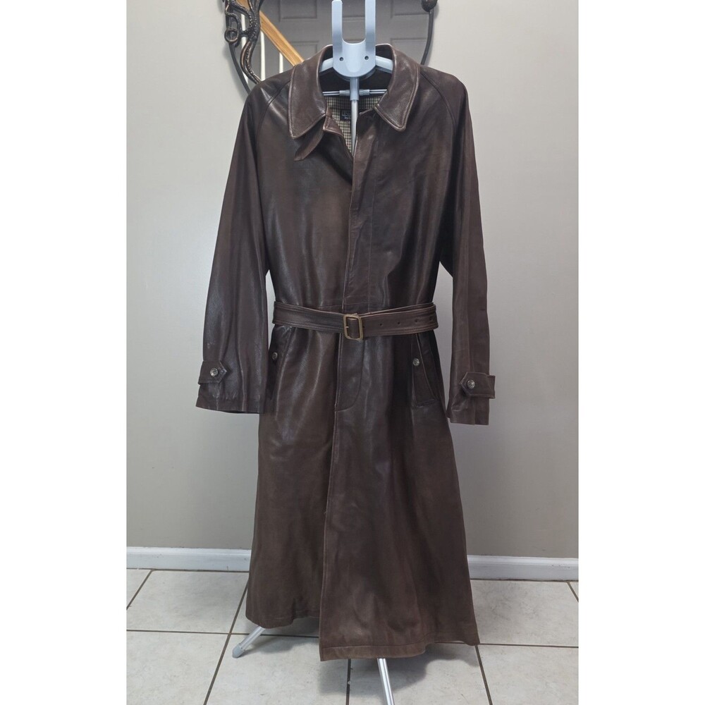 Vintage Polo Ralph Lauren Leather Trench Duster Coat Mens 42 Brown 80s 90s